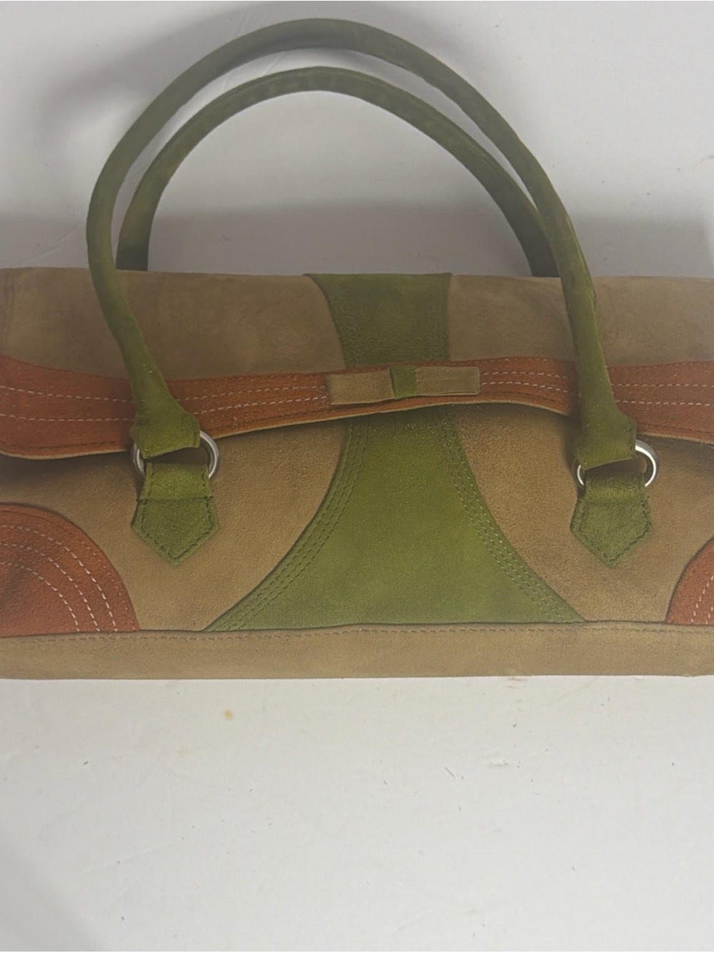 Vintage Y2K Via Spiga Tan Green & Burnt Orange Goat Suede Shoulder Purse - Picture 5 of 16